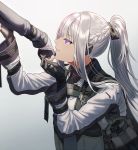  1girl ak-12_(girls_frontline) black_gloves braid french_braid from_side girls_frontline gloves gradient gradient_background grey_background grin hair_ribbon high_ponytail holding_another&#039;s_arm long_hair long_sleeves out_of_frame parted_lips partly_fingerless_gloves ribbon sidelocks silence_girl silver_hair smile tactical_clothes violet_eyes 