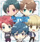  5boys aqua_eyes argonavis_from_bang_dream! bang_dream! blonde_hair blue_hair blush blush_stickers brown_eyes brown_hair clothes_around_waist dark_skin goryou_yuuto green_hair hair_ornament hairclip highres hood hoodie jacket kikyou_riou matoba_wataru mole mole_under_eye mugi_(iccomae) multiple_boys nanahoshi_ren pink_eyes redhead scarf shiroishi_banri shirt_around_waist yellow_eyes 