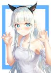  1girl absurdres animal_ears bangs bare_shoulders blue_background blush breasts cat_ears collarbone commentary_request detached_sleeves dress eyebrows_visible_through_hair fake_animal_ears grey_hair highres kokose large_breasts long_hair looking_at_viewer original paw_pose short_sleeves silver_hair single_strap smile solo two-tone_background white_background white_dress 