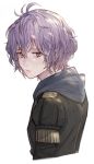  1girl bernadetta_von_varley closed_mouth fire_emblem fire_emblem:_three_houses from_side garreg_mach_monastery_uniform grey_eyes highres hood hood_down looking_to_the_side pieces_fe3h purple_hair short_hair simple_background solo tearing_up uniform upper_body white_background 