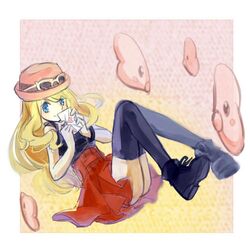  1girl black_shirt blonde_hair bracelet eyewear_on_headwear gen_3_pokemon hat jewelry long_hair lowres luvdisc pokemon pokemon_(creature) pokemon_(game) pokemon_xy porkpie_hat serena_(pokemon) shiro_q~ shirt sunglasses 