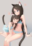 2girls :d ^_^ all_fours animal_ear_fluff animal_ears bare_legs barefoot black_hair blue_bra blue_camisole blue_eyes blue_panties bow bow_panties bra breasts camisole cat_ears cat_girl cat_tail child closed_eyes commentary cuddling eyebrows_visible_through_hair fang grey_background hand_on_another&#039;s_back hands_on_another&#039;s_thighs happy heart highres long_hair mother_and_daughter multiple_girls navel nekoze_(s22834712) open_mouth original panties simple_background sitting smile tail thighs underwear underwear_only