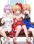  3girls ahoge aqua_eyes artoria_pendragon_(all) bangs bare_shoulders blonde_hair blue_dress blush braid breasts couch dress fate/extra fate/grand_order fate/stay_night fate_(series) french_braid green_eyes hair_between_eyes hair_over_one_eye high_heels highres large_breasts lavender_hair long_hair looking_at_viewer mash_kyrielight multiple_girls nero_claudius_(fate) nero_claudius_(fate)_(all) red_dress saber short_hair sitting small_breasts smile tsukise_miwa violet_eyes white_dress 