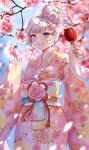  1girl absurdres ahoge artist_name bangs beige_kimono blue_eyes blurry blurry_background blush breasts candy_apple cherry_blossoms commentary dated eyebrows_visible_through_hair floral_print flower food hair_flower hair_ornament highres holding japanese_clothes kimono long_sleeves looking_at_viewer medium_breasts medium_hair multicolored multicolored_clothes multicolored_kimono nail_art nail_polish original outdoors pink_flower pink_kimono pink_nails smile solo tacco_(tikeworld) teeth white_hair wide_sleeves 