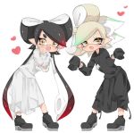  +_+ :d aori_(splatoon) black_dress black_footwear black_hair black_legwear brown_eyes commentary cousins domino_mask dress earrings fang gradient_hair green_hair grey_hair hands_together heart highres hotaru_(splatoon) interlocked_fingers jewelry leaning_forward long_dress long_hair long_sleeves looking_at_viewer mask medium_hair mole mole_under_eye multicolored_hair necklace open_mouth pointy_ears redhead shoes simple_background sleeves_past_fingers sleeves_past_wrists smile socks splatoon_(series) standing sukeo_(nunswa08) tentacle_hair white_background white_dress 