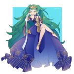  1girl absurdres artist_name barefoot braid closed_mouth crossed_legs dress fire_emblem fire_emblem:_three_houses green_eyes green_hair highres inkanii long_hair pointy_ears ribbon_braid simple_background solo sothis_(fire_emblem) tiara twin_braids 