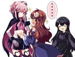  ... 3girls ahoge blush brown_hair capelet chiyoda_momo cloak demon_girl demon_horns demon_tail detached_sleeves eyebrows_visible_through_hair glasses gothic_lolita hair_ornament hairclip highres horns lolita_fashion long_hair machikado_mazoku multiple_girls ogura_shion open_mouth pink_hair ryuhirohumi scar shiny shiny_hair skirt smile sparkling_eyes spoken_ellipsis tail yoshida_yuuko_(machikado_mazoku) 