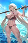  1girl ahoge blue_sky breasts choker eu03 fate/grand_order fate_(series) flame_print holding holding_weapon jeanne_d&#039;arc_(alter_swimsuit_berserker) jeanne_d&#039;arc_(fate)_(all) large_breasts long_hair looking_at_viewer midriff navel o-ring o-ring_bikini o-ring_bottom ocean platinum_blonde_hair sky sword toned weapon yellow_eyes 