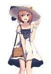  1girl absurdres anchor_print arm_up bag blush brown_eyes brown_hair dress eyebrows_visible_through_hair flower hair_between_eyes hair_ornament hat hat_flower highres kantai_collection long_hair looking_at_viewer open_mouth rankebu short_hair simple_background sleeveless sleeveless_dress smile solo straw_hat white_background white_dress yukikaze_(kantai_collection) 