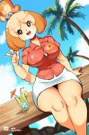    1girl :d bell blonde_hair bra bra_peek breasts brown_eyes button_gap collared_shirt copyright_name crossed_ankles cup curvy day dog_girl dog_tail doubutsu_no_mori drink drinking_glass drinking_straw eyebrows_visible_through_hair furry hair_bell hair_ornament hawaiian_shirt highres jingle_bell kenron_toqueen large_breasts looking_at_viewer miniskirt open_mouth outdoors red_shirt rock shirt shizue_(doubutsu_no_mori) short_hair short_sleeves sitting skirt sky slender_waist smile solo tail thick_thighs thighs topknot tree tropical_drink underwear w water white_bra white_skirt 
