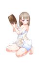  1girl barefoot blush bucket full_body highres holding holding_bucket light_brown_hair looking_at_viewer naked_towel official_art parted_lips pouring_onto_self shirohime_quest soap_bubbles solo squatting towel transparent_background violet_eyes wet 