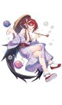  1girl balloon black_wings bubble crossed_legs feathered_wings full_body hat highres holding holding_pipe japanese_clothes kimono long_sleeves looking_at_viewer low_wings off_shoulder official_art open_mouth pipe redhead shirohime_quest solo transparent_background wings yukata 