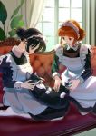  2girls animal apron black_hair cat commentary couch hair_bun highres indoors maid maid_apron maid_headdress multiple_girls nashigaya_koyomi orange_hair original petting seiza sitting window 