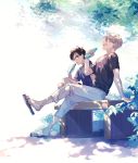  2boys bench black_hair blue-framed_eyewear bottle brown_eyes closed_eyes glasses katsuki_yuuri kuroemon leaf male_focus multiple_boys open_mouth ramune sandals shirt silver_hair sitting smile t-shirt viktor_nikiforov yuri!!!_on_ice 