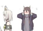  2girls animal_ear_fluff animal_ears arknights bare_shoulders blush brown_hair cat_ears clipboard collar doctor_(arknights) fake_animal_ears female_doctor_(arknights) hairband hooded_coat kal&#039;tsit long_hair multiple_girls nejikyuu short_hair simple_background v white_background white_hair 