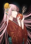  1girl absurdres apple aqua_eyes black_background black_nails enbizaka_no_shitateya_(vocaloid) evil_smile evillious_nendaiki fingernails floral_print flower food fruit green_sash hair_flower hair_ornament highres holding holding_food holding_fruit japanese_clothes kanzashi kimono long_fingernails long_hair long_sleeves looking_at_viewer looking_to_the_side megurine_luka obi pale_skin pink_hair qltnrl9999 red_apple red_kimono sash scissors sharp_fingernails smile solo sudou_kayo tsumami_kanzashi very_long_hair vocaloid wide_sleeves yellow_flower 