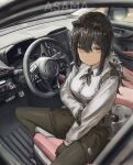  1girl animal_ears arknights artist_name asama_(drift_in) black_legwear black_neckwear black_shorts brown_hair car_interior eyebrows_visible_through_hair hair_between_eyes highres legwear_under_shorts long_hair multicolored_hair pantyhose ponytail raccoon_ears raccoon_girl raccoon_tail rhodes_island_logo robin_(arknights) shirt shorts sitting solo steering_wheel tail white_hair white_shirt yellow_eyes 