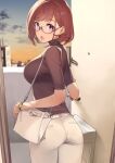  1girl 92m bag black_shirt blush brown_hair building clouds door glasses handbag highres long_sleeves looking_at_viewer looking_back open_mouth original outdoors pants red-framed_eyewear rooftop shirt short_hair sky solo standing turtleneck violet_eyes watch white_pants 