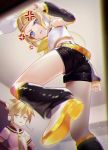  1boy 1girl anger_vein angry annoyed ass blonde_hair blue_eyes blurry bow breasts brother_and_sister ceiling clenched_hands commentary_request crop_top depth_of_field detached_sleeves dutch_angle from_below hair_bow hair_ornament hairclip hands_on_hips headset kagamine_len kagamine_rin leg_warmers necktie number_tattoo perspective sailor_collar sawashi_(ur-sawasi) shirt shorts shoulder_tattoo siblings sleeveless sleeveless_shirt small_breasts tattoo twins v-shaped_eyebrows vocaloid yellow_nails yellow_neckwear 
