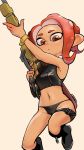  1girl apple_toki asymmetrical_sleeves beige_background black_footwear black_panties boots commentary crop_top dark_skin e-liter_4k_(splatoon) highres holding holding_weapon jumping legs_up looking_at_viewer medium_hair midriff navel octarian octoling panties parted_lips pointy_ears red_eyes redhead simple_background solo splatoon_(series) splatoon_2 splatoon_2:_octo_expansion squidbeak_splatoon suction_cups symbol_commentary thigh_strap underwear weapon zipper 