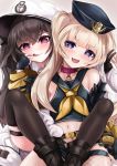  2girls absurdres anchor azur_lane bache_(azur_lane) bare_shoulders belt black_gloves black_hair black_legwear black_serafuku black_shirt blonde_hair blush boots breasts coat collar commentary_request eyebrows_visible_through_hair fishnet_legwear fishnets fur_trim gloves hair_between_eyes hat heart highres jacket large_breasts long_hair long_sleeves looking_at_viewer micro_shorts multiple_girls open_mouth pamiat_merkuria_(azur_lane) ryara_vivi sailor_collar sailor_hat school_uniform serafuku shirt shorts single_thighhigh small_breasts smile thigh-highs two_side_up violet_eyes white_headwear yellow_neckwear 