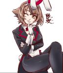  1girl animal_ears black_coat bow bowtie brown_hair bunny_tail bunnysuit character_name coat commentary_request crossed_legs detached_collar feet_out_of_frame finger_to_mouth gloves green_eyes index_finger_raised kantai_collection looking_at_viewer mutsu_(kantai_collection) pantyhose rabbit_ears red_neckwear short_hair simple_background sitting solo tail tailcoat uzuki_kosuke white_background white_gloves white_legwear wrist_cuffs 