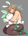  1girl 2020 agawa_ryou animal_ears bare_shoulders blonde_hair breasts bunny_tail bunnysuit commentary dated grey_background heart high_heels large_breasts looking_at_viewer open_mouth original pantyhose rabbit_ears red_eyes round_teeth seiza sideboob simple_background sitting smile solo stuffed_animal stuffed_bunny stuffed_toy tail teeth thick_thighs thighs 