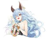  1girl animal_ears backless_dress backless_outfit bangs blue_hair breasts commentary_request cropped_torso dress earrings erune eyebrows_visible_through_hair ferry_(granblue_fantasy) flower_wreath from_side granblue_fantasy head_wreath highres hoop_earrings jewelry long_hair looking_at_viewer ohihil rabbit_ears sideboob sideless_outfit single_earring upper_body wavy_hair white_background yellow_eyes 