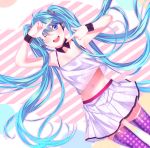  1girl ;d blue_eyes blue_hair collarbone detached_collar floating_hair hair_ornament hatsune_miku headphones highres long_hair looking_at_viewer midriff miniskirt navel one_eye_closed open_mouth pleated_skirt polka_dot polka_dot_legwear purple_legwear redial_(vocaloid) shiny shiny_skin skirt sleeveless smile solo standing stomach striped striped_background superdiviatomic thigh-highs twintails very_long_hair vocaloid white_skirt white_tank_top wristband zettai_ryouiki 