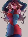  1girl android_21 armpits arms_up breasts brown_hair checkered checkered_dress detached_sleeves dragon_ball dragon_ball_fighterz dress earrings glasses grey_background hair_between_eyes hoop_earrings jewelry kemachiku large_breasts long_hair looking_at_viewer pantyhose red_eyes simple_background solo 