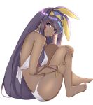  1girl bangs bare_shoulders barefoot bikini blue_eyes blush bracelet breasts closed_mouth commentary_request dark_skin earrings eyebrows_visible_through_hair facepaint facial_mark fate/grand_order fate_(series) from_side full_body hairband highres hoop_earrings jewelry long_hair looking_at_viewer medium_breasts nitocris_(fate/grand_order) purple_hair shiny shiny_hair simple_background sitting smile solo swimsuit syica toes white_bikini 