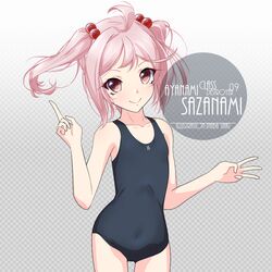  1girl artist_name black_swimsuit character_name checkered checkered_background collarbone commentary_request flat_chest gradient gradient_background hair_bobbles hair_ornament inaba_shiki index_finger_raised kantai_collection looking_at_viewer new_school_swimsuit nontraditional_school_swimsuit pink_eyes pink_hair sazanami_(kantai_collection) school_swimsuit short_hair smile solo swimsuit twintails 