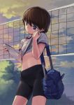  1girl absurdres bag bandaged_fingers bandages bangs bike_shorts black_shorts blurry blurry_background brown_eyes brown_hair carrying closed_mouth clouds cloudy_sky depth_of_field duffel_bag dusk eyebrows_visible_through_hair girls_und_panzer gradient_sky gym_shirt gym_uniform head_tilt highres holding holding_notepad isobe_noriko lifted_by_self notepad outdoors shirt shirt_lift short_hair short_shorts short_sleeves shorts sky solo sports_bra standing t-shirt tree volleyball_net white_shirt wiping_sweat zhongye_yu 