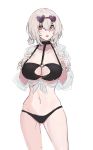  1girl azur_lane black_swimsuit blush breasts collarbone echj eyewear_on_head glasses hair_ornament hand_on_own_chest highres large_breasts looking_at_viewer navel open_mouth red_eyes short_hair silver_hair sirius_(azur_lane) sirius_(midsummer_seirios)_(azur_lane) solo swimsuit white_background 