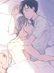  2boys black_hair closed_eyes dog hug katsuki_yuuri kuroemon lying makkachin male_focus multiple_boys on_side parted_lips pillow shirt shirtless silver_hair sleeping t-shirt under_covers viktor_nikiforov yaoi yuri!!!_on_ice 