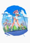  4girls absurdres aqua_hair aqua_skirt arm_up armpit_cutout armpits azur_lane ball bangs bench black_bra black_legwear blue_eyes blue_footwear blue_legwear blue_sky bottle bra breasts bremerton_(azur_lane) bremerton_(scorching-hot_training)_(azur_lane) brown_hair building casablanca_(azur_lane) casablanca_(cheer_squad_on_break)_(azur_lane) chain-link_fence cheerleader cleavage_cutout commentary_request cooper_(azur_lane) cooper_(blazing_tennis_battle)_(azur_lane) crop_top crop_top_overhang fence green_skirt grey_leotard hair_ornament hair_pulled_back hairband headband highres holding_racket huge_breasts knee_pads kneehighs legs leotard long_hair medium_breasts multicolored_hair multiple_girls navel navel_piercing off-shoulder_shirt off_shoulder one_eye_closed open_mouth park piercing pink_eyes pink_hair pom_poms pyz_(cath_x_tech) racket reno_(azur_lane) reno_(biggest_little_cheerleader)_(azur_lane) shirt short_hair short_ponytail sidelocks silver_hair sitting skirt sky skyscraper small_breasts smile sports_bra sportswear streaked_hair tennis tennis_ball tennis_court tennis_racket tennis_uniform thigh-highs twintails two-tone_skirt under_boob underwear water_bottle white_footwear white_shirt white_skirt 