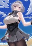  1girl absurdres azur_lane bangs bare_shoulders black_gloves black_hairband black_legwear blue_eyes blue_sky blush breasts closed_mouth clouds cowboy_shot day eyebrows_visible_through_hair gloves grey_skirt hair_ornament hairband hairclip high-waist_skirt high_collar highres kujuu_shikuro large_breasts outdoors pantyhose pleated_skirt reno_(azur_lane) short_hair silver_hair skirt sky sleeveless smile solo underbust work_in_progress 