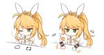  1girl ahoge animal_ears artoria_pendragon_(all) artoria_pendragon_(lancer) artoria_pendragon_(swimsuit_ruler)_(fate) bangs blonde_hair blue_neckwear bongo_cat braid breasts bunny_girl bunnysuit card closed_mouth commission crown detached_collar english_commentary fate/grand_order fate_(series) feather_boa french_braid green_eyes high_ponytail large_breasts leotard long_hair one_eye_closed playing_card poker_chip rabbit_ears rabi_(swordofthestone) smile twitter white_leotard wrist_cuffs 