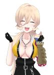  1girl blonde_hair closed_eyes fang gloves highres hirayu721 jewelry long_hair necklace nijisanji nui_sociere open_mouth ponytail shirt smile solo very_long_hair white_background yellow_shirt 