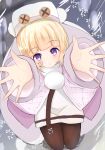  1girl arms_up azur_lane bandaid_on_cheek black_legwear blonde_hair blush coat commentary_request eyebrows_visible_through_hair floral_print fur_trim gloves gradient gradient_background graphite_(medium) grozny_(azur_lane) hair_ornament hat highres jacket long_hair long_sleeves looking_at_viewer looking_up mechanical_pencil open_mouth pantyhose pencil pom_pom_(clothes) short_hair sitting solo traditional_media violet_eyes wata_(wataame) white_coat white_headwear winter_clothes 
