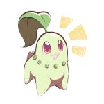  :3 :d artsy-rc chikorita commentary english_commentary gen_2_pokemon highres looking_at_viewer no_humans notice_lines open_mouth pokemon pokemon_(creature) red_eyes signature simple_background smile solo standing white_background 