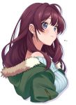  1girl ahoge bangs blue_eyes blush breasts brown_hair closed_mouth earrings fur-trimmed_jacket fur_trim green_jacket grey_sweater ichinose_shiki idolmaster idolmaster_cinderella_girls idolmaster_cinderella_girls_starlight_stage jacket jewelry large_breasts long_hair long_sleeves looking_at_viewer off-shoulder_sweater off_shoulder open_clothes open_jacket ribbed_sweater simple_background smile solo sweater wavy_hair white_background wotori 