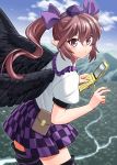  1girl bird_wings black_wings blouse brown_hair cellphone checkered checkered_skirt clouds commentary_request feathered_wings flip_phone fuuzasa hair_ribbon hat highres himekaidou_hatate holding holding_phone looking_at_viewer mountain phone pointy_ears pouch puffy_short_sleeves puffy_sleeves purple_headwear purple_skirt ribbon river short_sleeves skirt sky smile solo thigh-highs tokin_hat touhou twintails v violet_eyes white_blouse wings zettai_ryouiki 