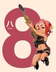  1girl apple_toki asymmetrical_sleeves beige_background black_footwear black_panties black_skirt boots character_name closed_mouth commentary crop_top dark_skin e-liter_4k_(splatoon) frown highres holding holding_weapon jumping legs_up looking_at_viewer medium_hair microskirt midriff navel octarian octoling panties pencil_skirt pointy_ears red_eyes redhead simple_background skirt solo splatoon_(series) splatoon_2 splatoon_2:_octo_expansion squidbeak_splatoon suction_cups symbol_commentary thigh_strap underwear weapon zipper 
