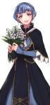  1220chamomile 1girl blue_hair braid brown_eyes crown_braid dress fire_emblem fire_emblem:_three_houses flower highres holding long_sleeves marianne_von_edmund open_mouth simple_background solo white_background 