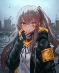  1girl armband bangs black_gloves black_jacket black_neckwear black_ribbon blush breasts brown_hair building buttons commentary crossed_bangs day eyebrows_visible_through_hair finger_to_mouth fingerless_gloves girls_frontline gloves grey_sky happy_tears highres hood hood_down hooded_jacket jacket lithium10mg long_hair neck_ribbon one_side_up open_clothes open_jacket outdoors rain ribbon river scar scar_across_eye shirt small_breasts smile snow solo tearing_up tears ump45_(girls_frontline) upper_body white_shirt yellow_eyes 