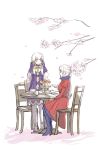  2girls batoson54 chair cherry_blossoms cup dress edelgard_von_hresvelg fire_emblem fire_emblem:_three_houses from_side hair_ornament high_heels highres holding holding_cup long_hair long_sleeves lysithea_von_ordelia multiple_girls open_mouth petals pink_eyes sitting table teacup tree_branch violet_eyes white_hair white_legwear 
