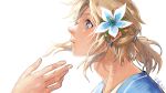  1boy blonde_hair blue_eyes blue_shirt dated earrings flower hair_flower hair_ornament jewelry link parted_lips pointy_ears ponytail profile shiqi1695 shirt short_hair signature silent_princess simple_background solo_focus the_legend_of_zelda the_legend_of_zelda:_breath_of_the_wild upper_body white_background wind 