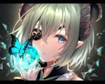  1girl apple blue_eyes bug butterfly close-up eyelashes eyepatch face food fruit green_hair green_neckwear hair_between_eyes honey_strap horns insect letterboxed light_particles looking_at_viewer necktie parted_lips portrait sekishiro_mico short_hair solo virtual_youtuber yuyutan0904 