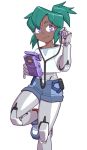  1girl cameron_sewell commission cyborg dark_skin earphones earphones green_hair highres looking_at_viewer original ponytail robot_joints shirt short_ponytail shorts smile solo t-shirt violet_eyes white_background 